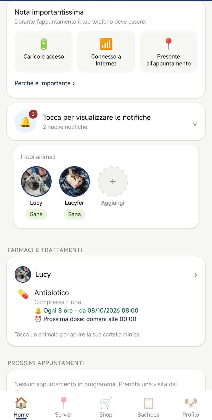 La schermata Home di PetLife360° con gli animali, i promemoria e la nota importantissima